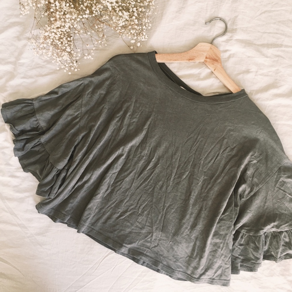 Boxy Grey Flutter Sleeve Top